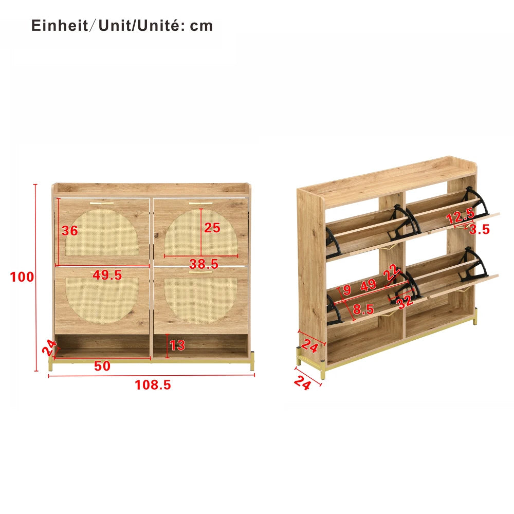 Elegant Wooden Shoe Cabinet with Rattan Doors, 4 Doors