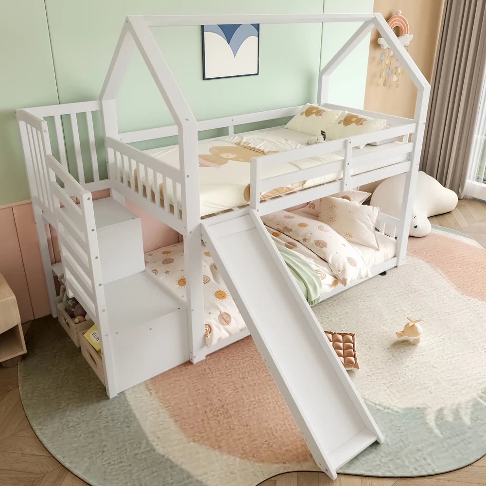 Bunk Bed with Staircase and Slide, House Bed(without Mattress)