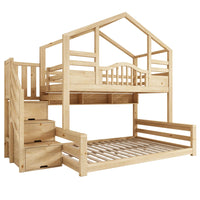 90x200/140x200cm Bunk Bed Children House Bed Natural Wood with Staircase Storage