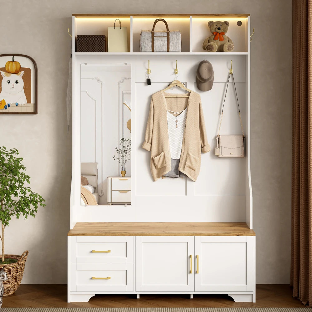 Multifunctional Shoe Cabinet with LED Lighting, Mirror, Hooks and Drawers