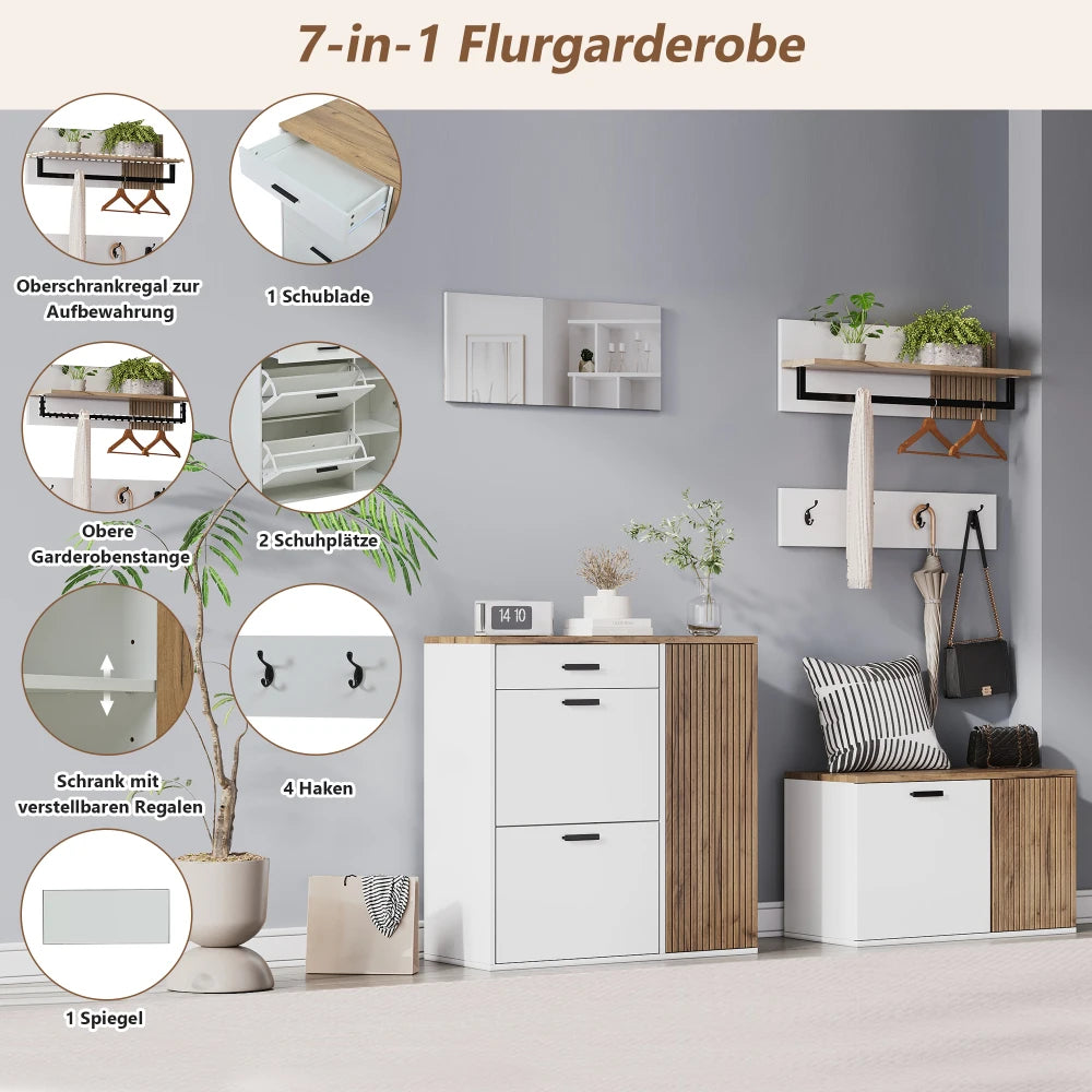 Shoe Cabinet + Wardrobe Rack Set, 5-piece, Shoe Cabinet, Shoe Bench, Mirror