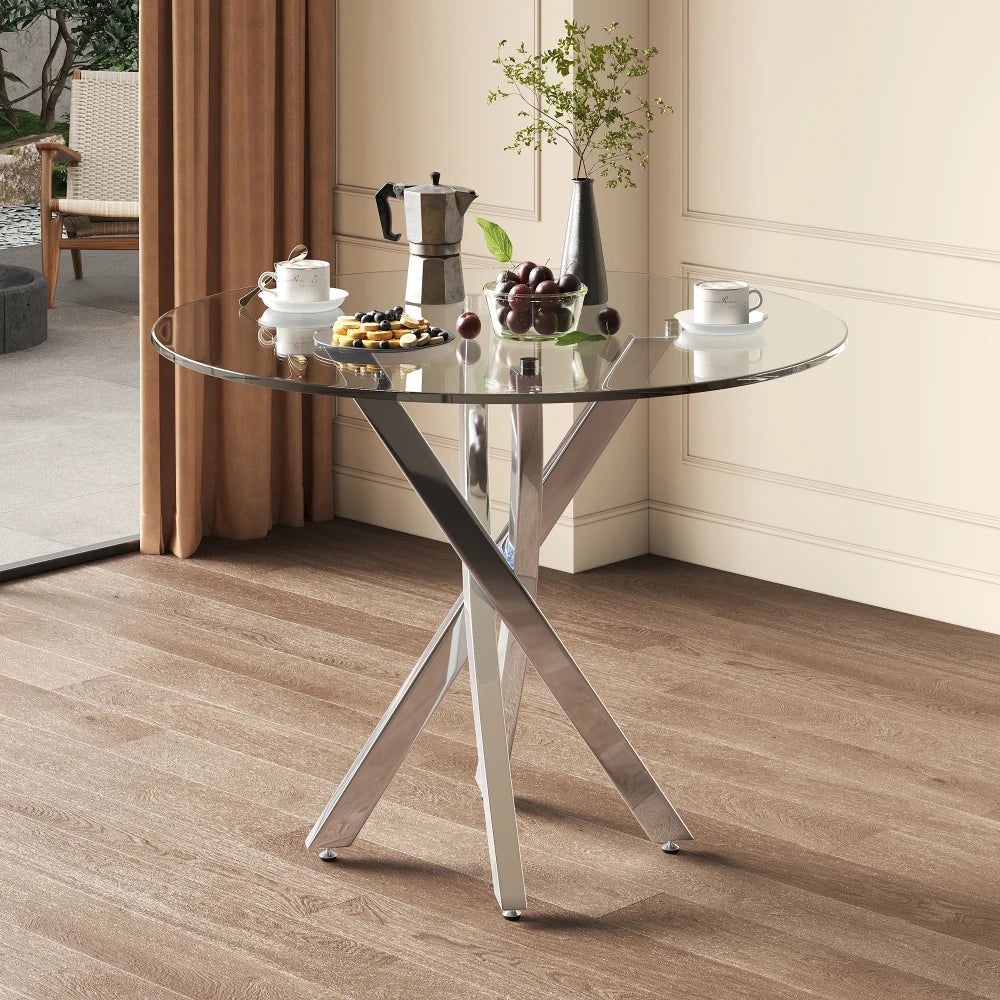Round Dining Table, 80*80*75 Tempered Glass Table Top, Modern Dining Table
