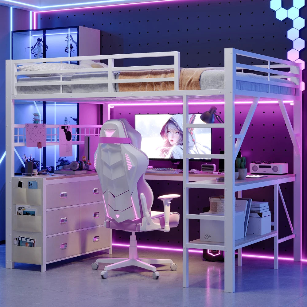 90x200cm & 140x200cm Metal Gaming High Bed Frame, Loft Bed with Drawers