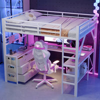 90x200cm & 140x200cm Metal Gaming High Bed Frame, Loft Bed with Drawers