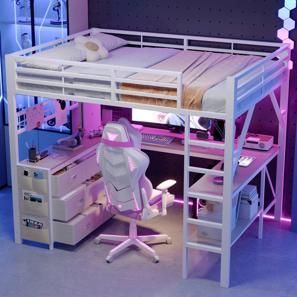 90x200cm & 140x200cm Metal Gaming High Bed Frame, Loft Bed with Drawers