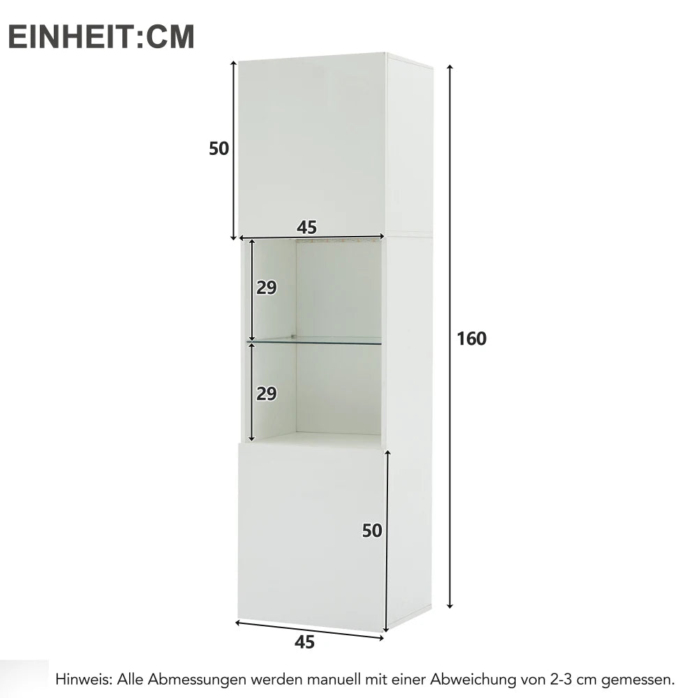 45×35×160cm High-gloss Display Cabinet with LED Lighting, 1 Glass Floor