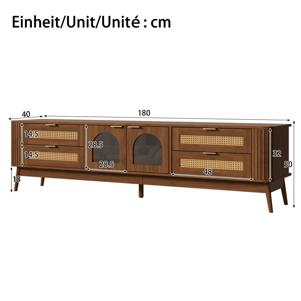 180x40x50cm Modern TV Stand with Curved Sliding Glass Doors & Solid Wood Legs