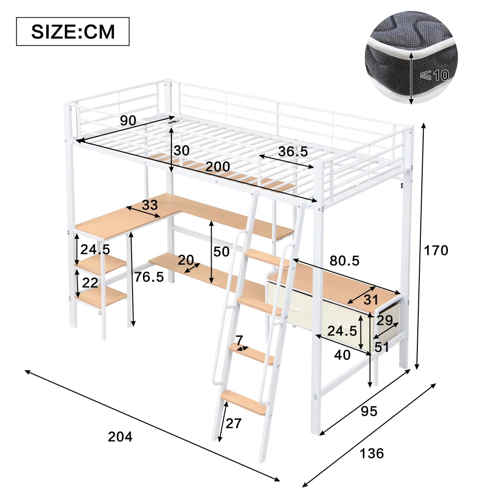 Iron Bed, Bunk Bed, Including Two Storage Boxes, with Desk and Storage Rack