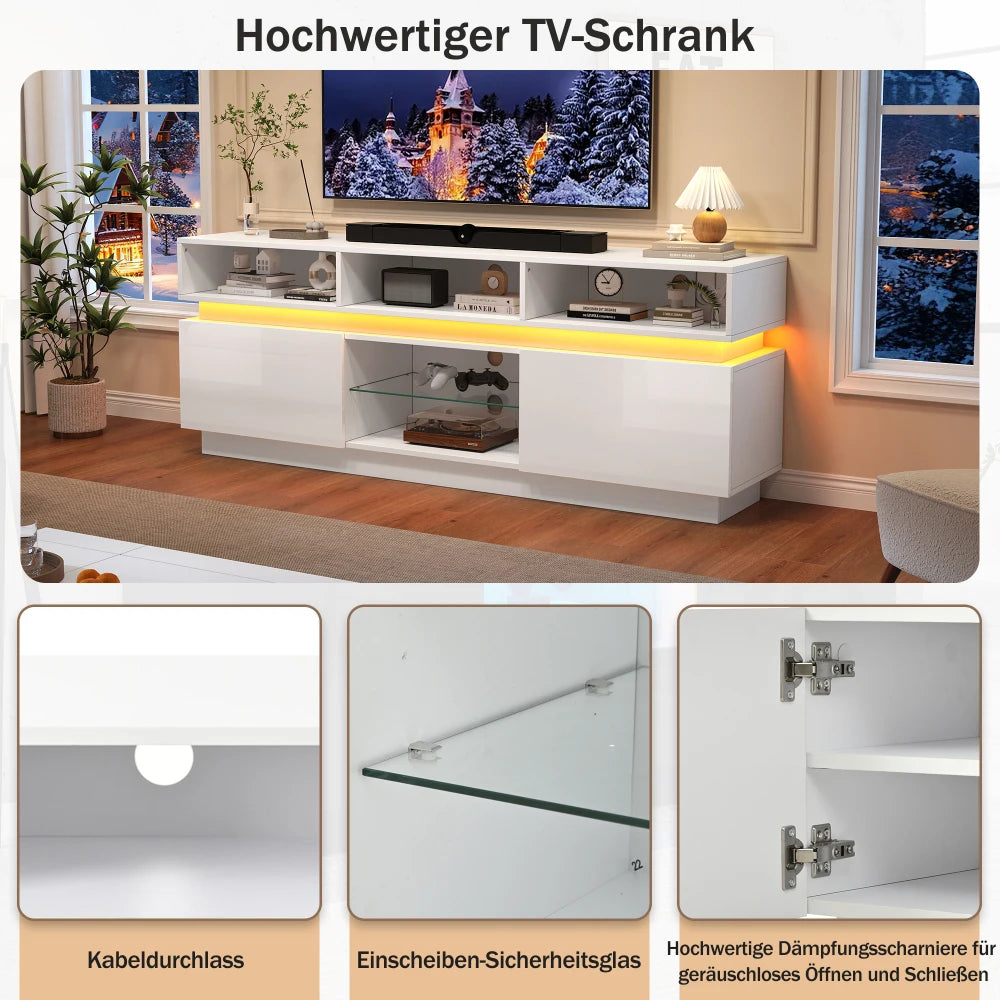 160*35*60cm TV Stand, High Gloss LED TV Cabinet with Tempered Glass Sheet
