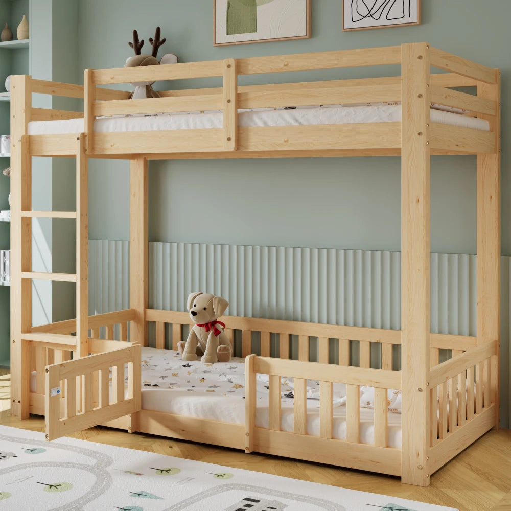 90x200cm Bunk Bed, Wooden Bed, with Rectangular Staircase, Railing and Door