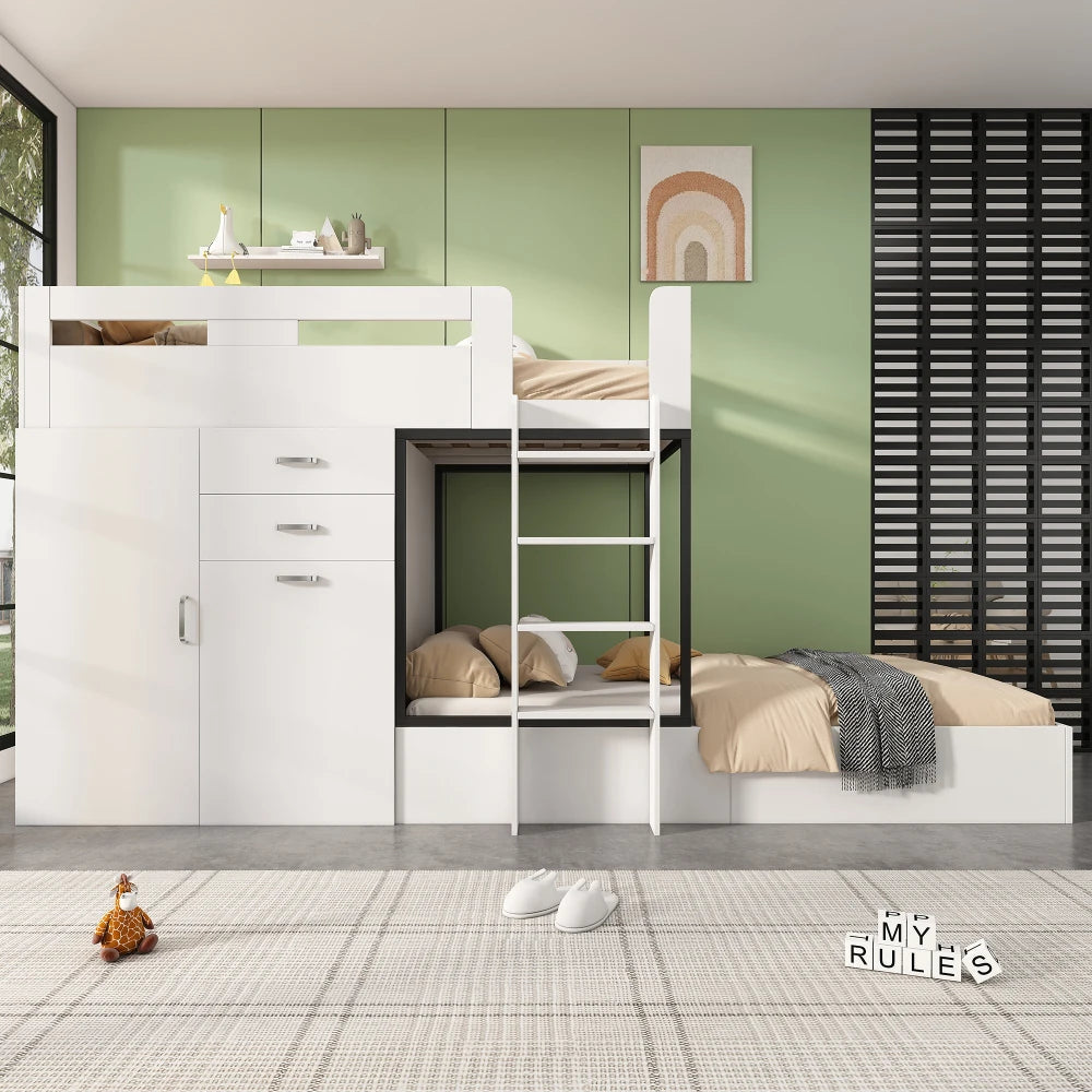 Bunk Bed with Pull-out Desk and Wardrobe, Multifunctional Kid Bed