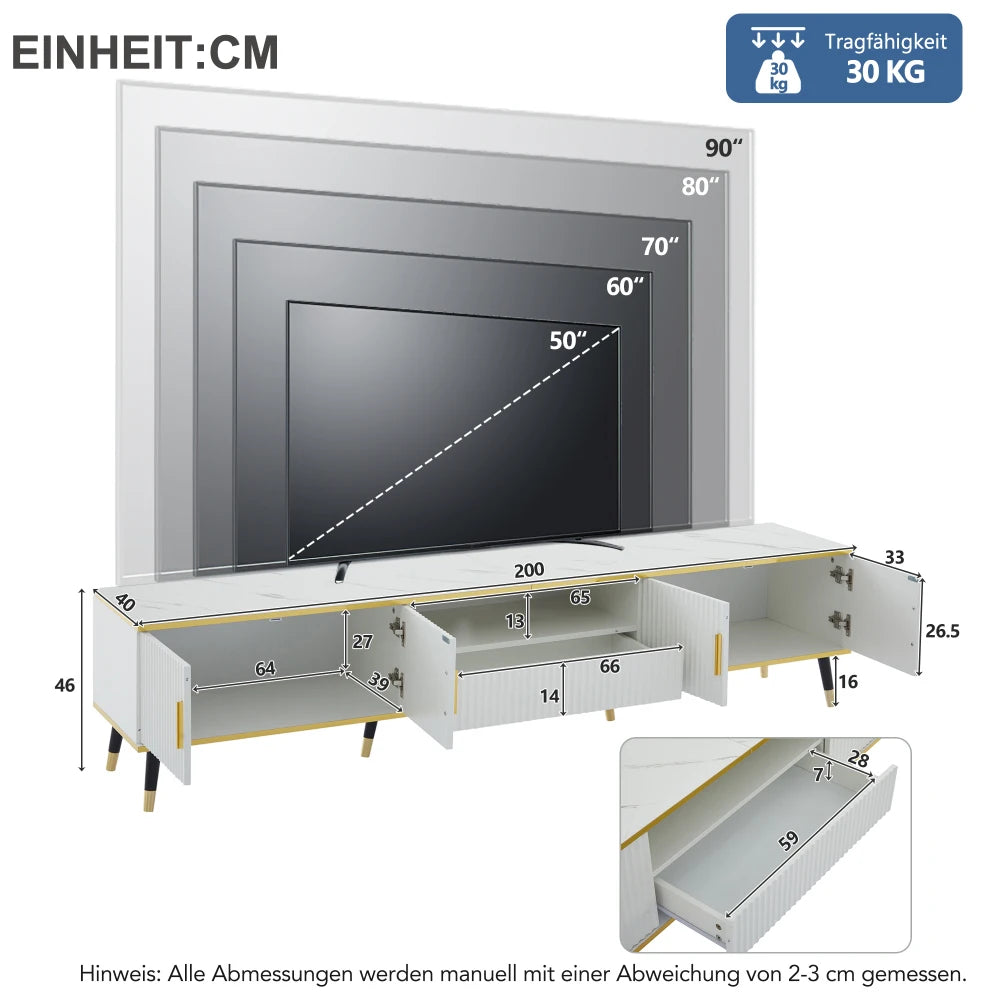 200 X 40 X 46cm Modern TV Cabinet, Marble Optics, TV Chest of Drawers