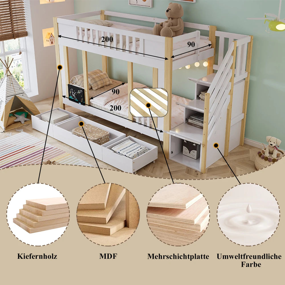 Children's Bunk Bed, Staircase with Storage Function