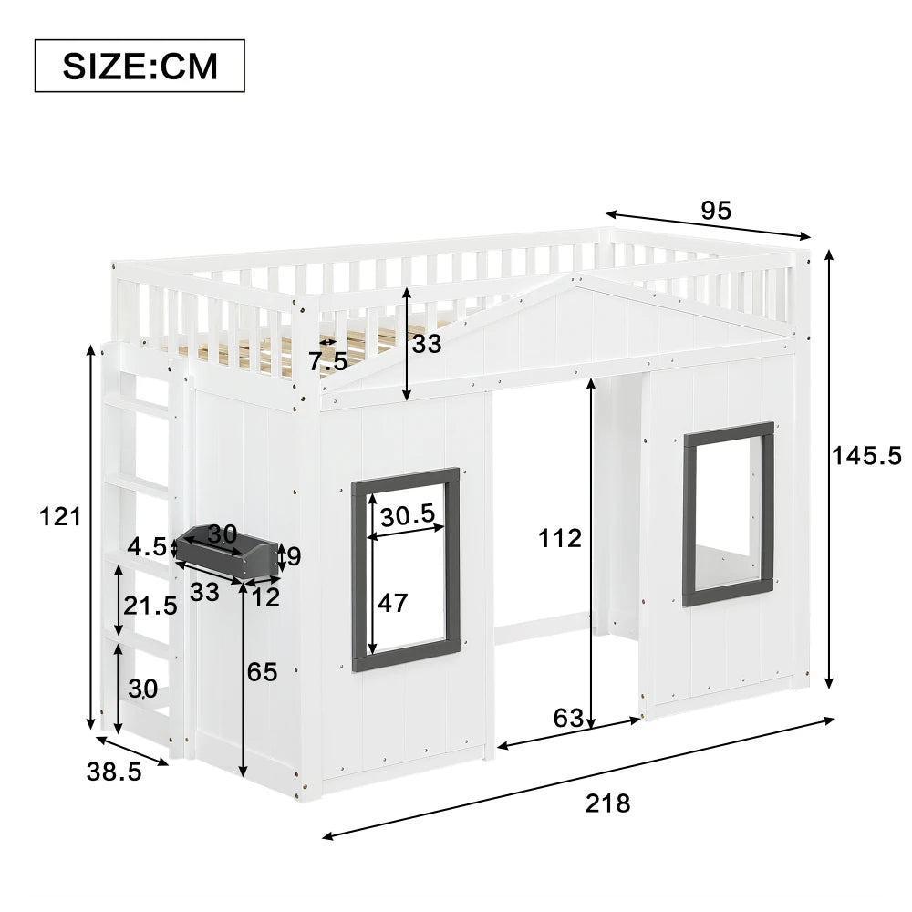 Modern Kids 90x200cm House Bunk Bed Pine Wood Frame with Stairs Window Parachute