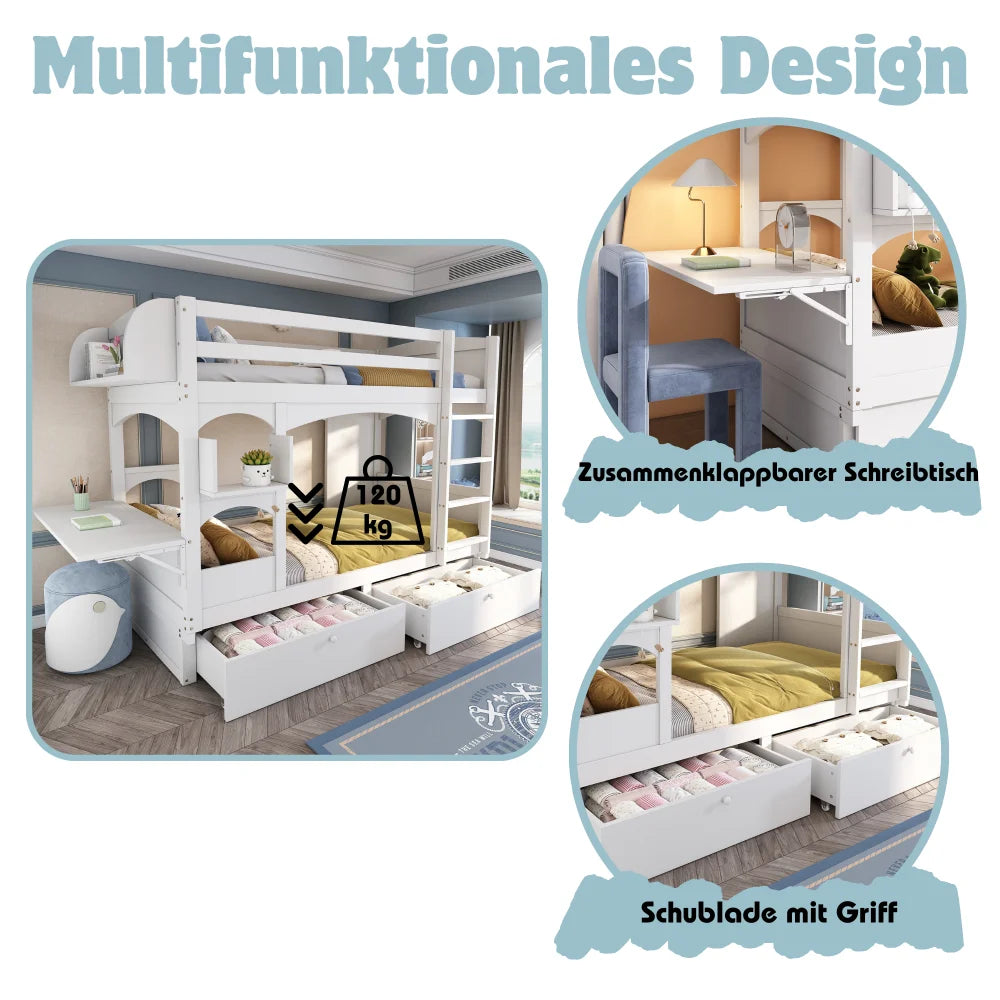 90*200 Multifunctional Children's Double Bed, with Folding Desk and Shelf