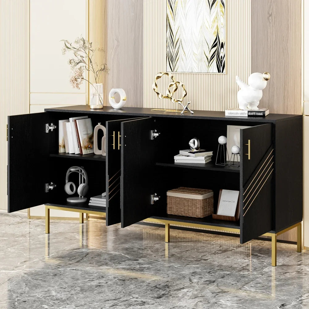 Modern Sideboard with 4 Doors Stylish Design in Black Gold Body with Metal Legs