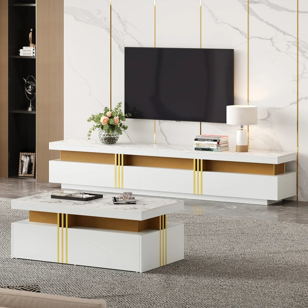 Modern White TV Cabinet and Coffee Table Set, Living Room Wall Wardrobe Set
