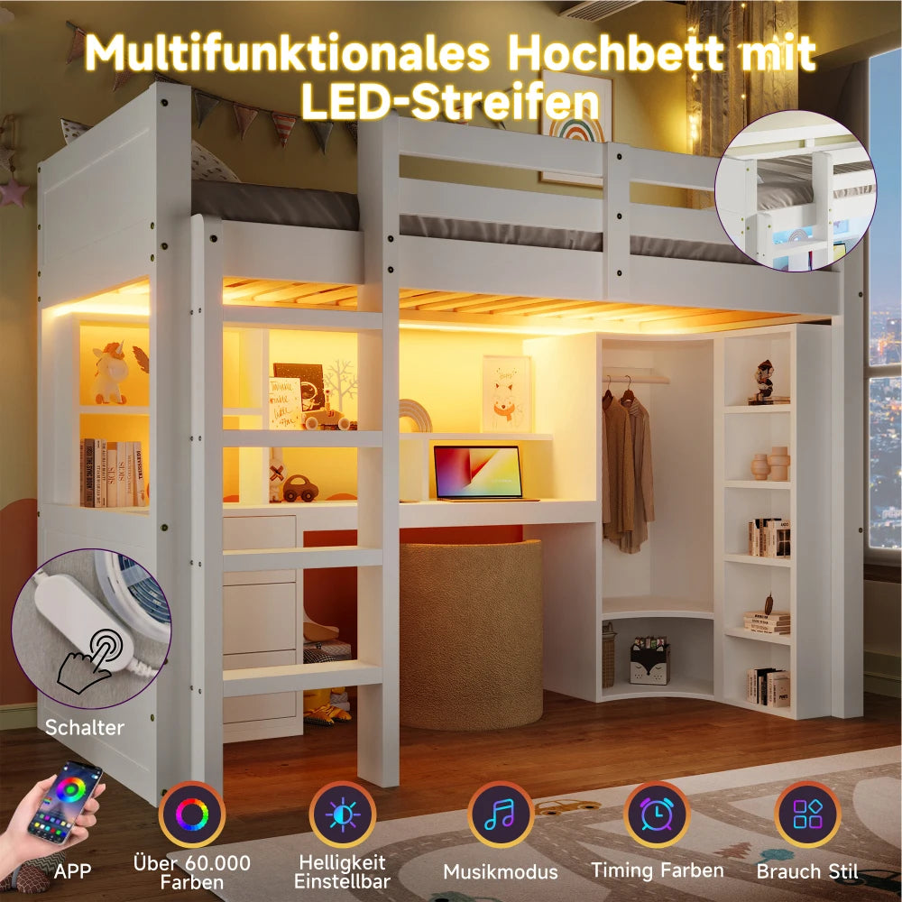 90 X 200cm/140 × 200cm High Bunk Bed, with LED Lights and Wardrobe