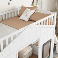Modern Kids 90x200cm House Bunk Bed Pine Wood Frame with Stairs Window Parachute