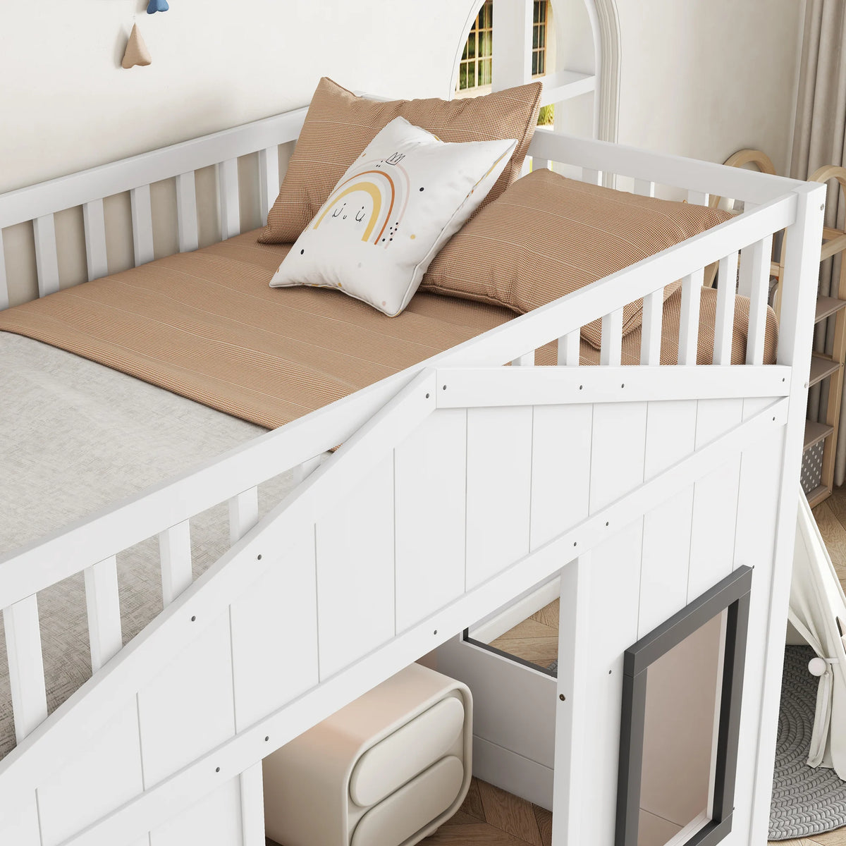 Modern Kids 90x200cm House Bunk Bed Pine Wood Frame with Stairs Window Parachute