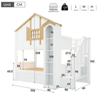 90x200+90x200cm Solid Wood Kids House Bunk Bed, Hydraulic Underbed Design