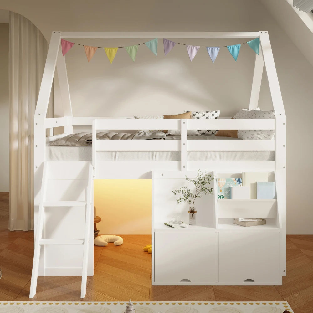 140×200cm White House‑Shaped High Bed Frame with Stairs