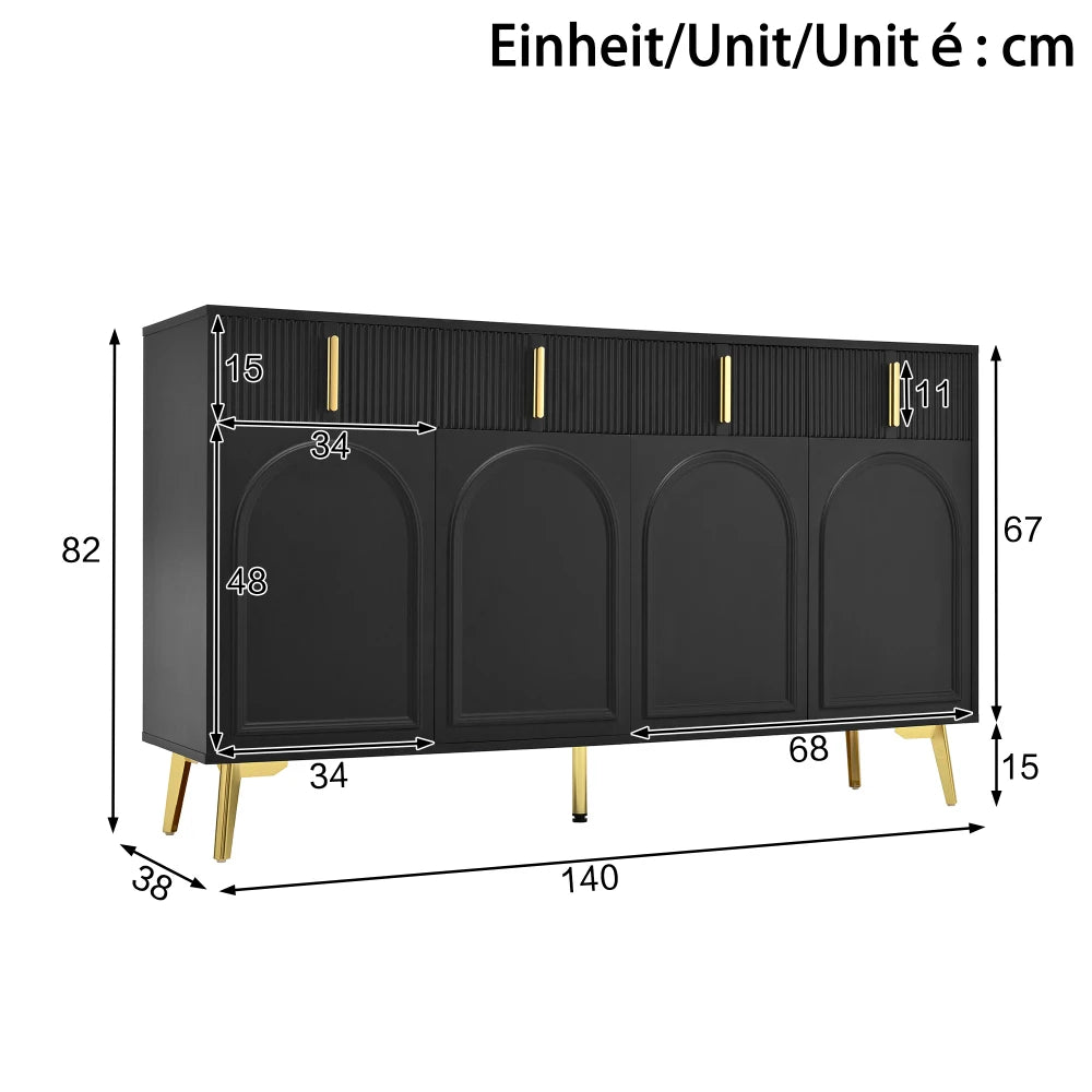 Sideboard with Golden Handles and Legs, 4 Doors, 4 Drawers