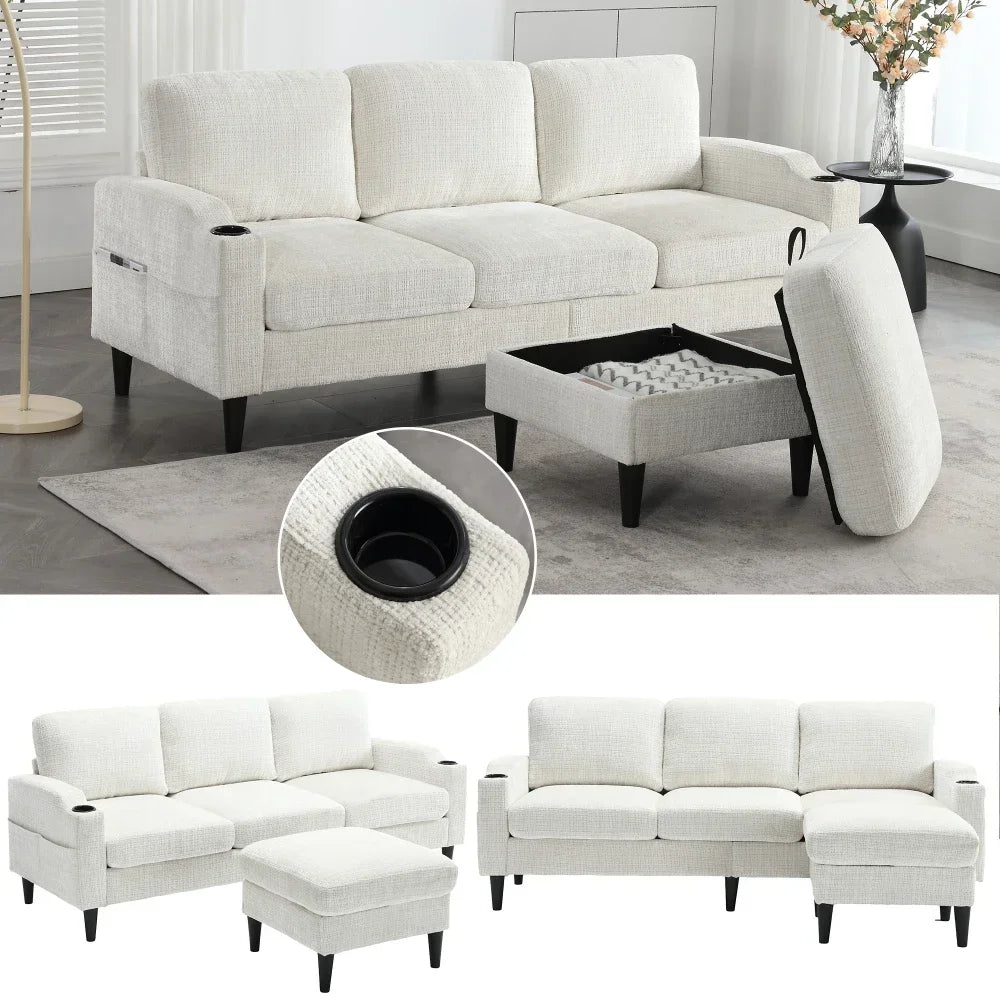 4-seater Elegant Sofa with Stool and Storage with Comfortable Armrests
