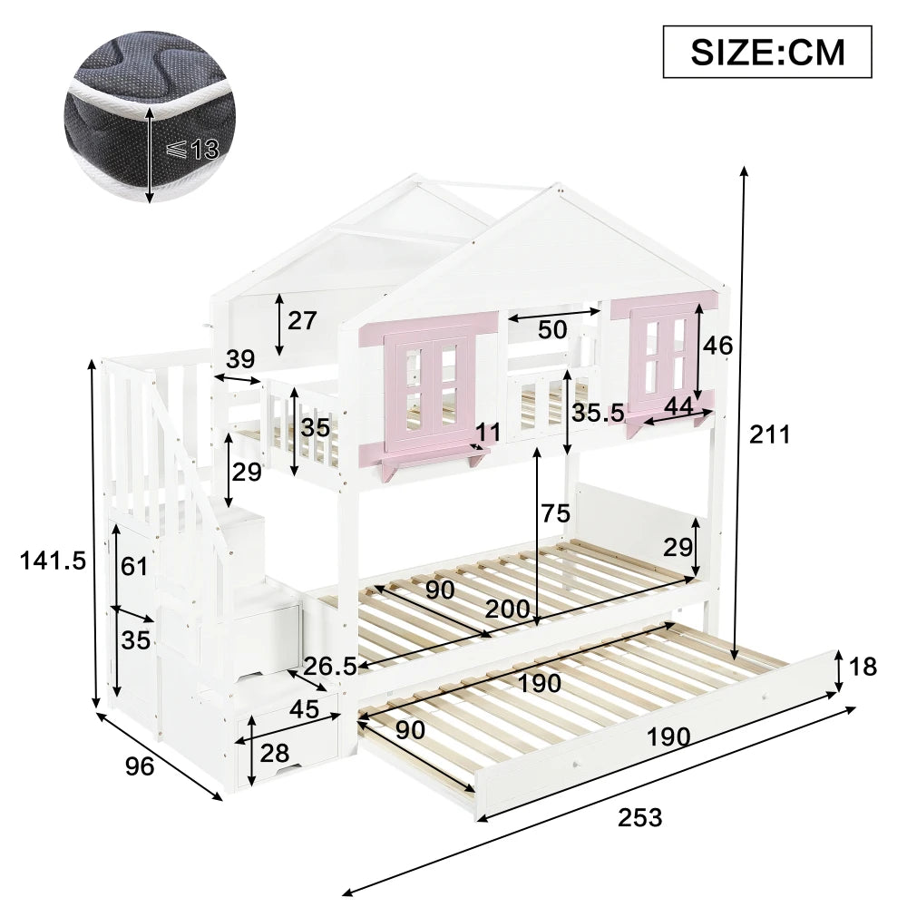 90x200cm Children's Bunk Bed with Roll-away Bed, Baby Cot, Hanging Area