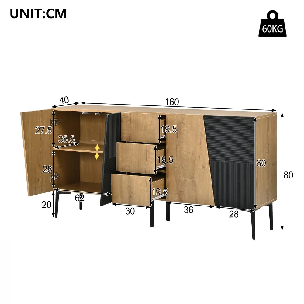 160x40x80cm Wood Effect Black Sideboard Cabinet