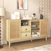 Versatile and Stable Modern Sideboard with 3 Sliding Doors in Real Rattan and 2