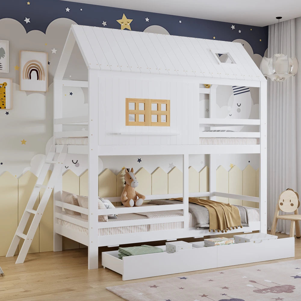 90x200cm Children Bunk Bed, with Beautiful Window and Roof