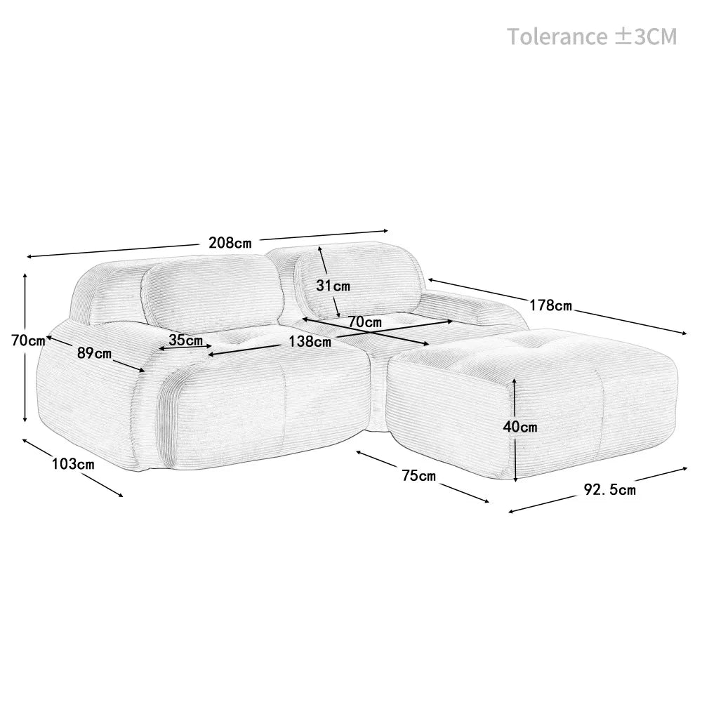 82'' Corner Sofa in Soft Cord Fabric, Modular Combined with Curved Armrests