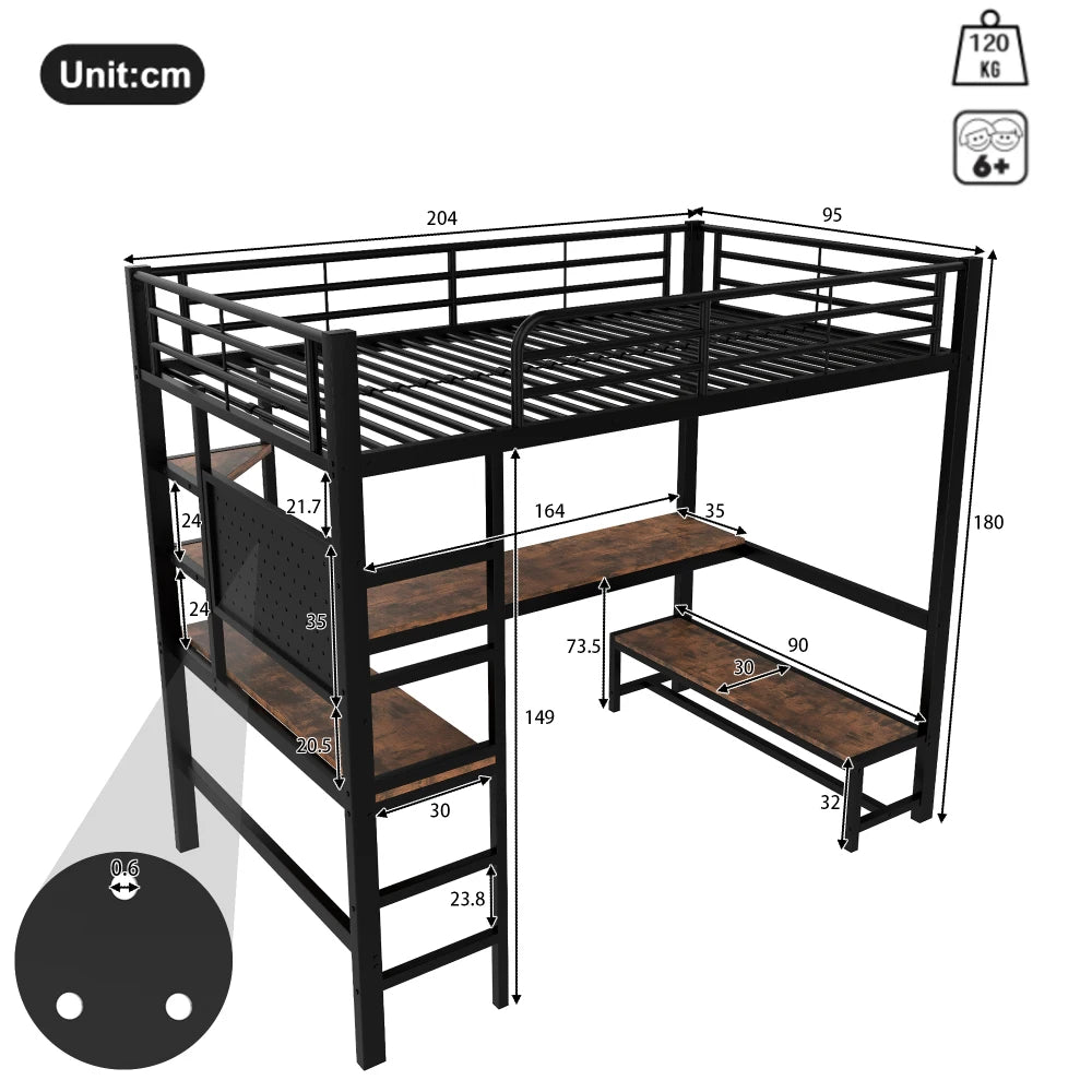 90 X 200cm High Bed, Iron Frame, Desk, Railing, Escalator