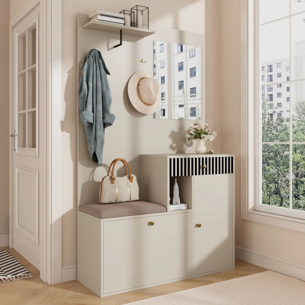 Wardrobe Set, Hallway Wardrobe with Mirror and Cushions, Living Wall, Shelf