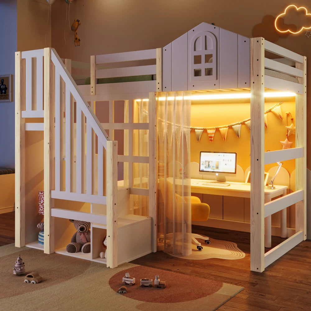 90x200cm Kids Bedroom High Bed, with LED Lights and Gauze, Window Shape