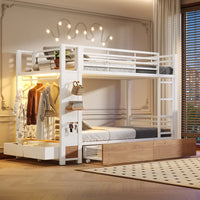 90x200cm White Metal Iron Frame Bunk Bed with 4 Storage Drawers