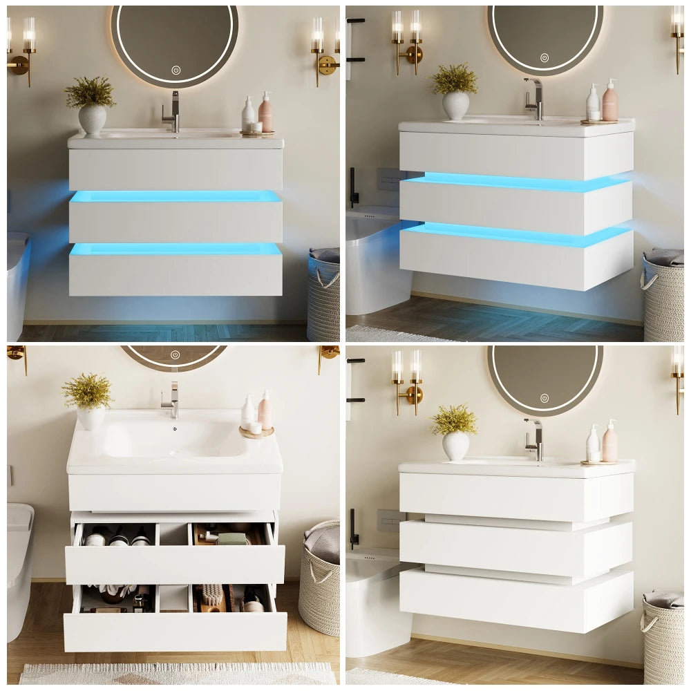 White Wall Mounted Bathroom Cabinet, Ceramic Sink Cabinet with Drawers
