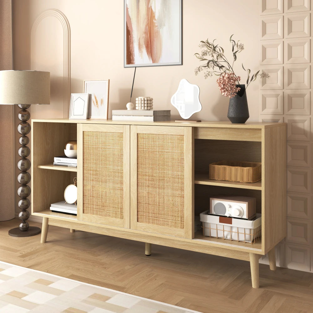 Versatile and Stable Modern Sideboard with 3 Sliding Doors in Real Rattan and 2