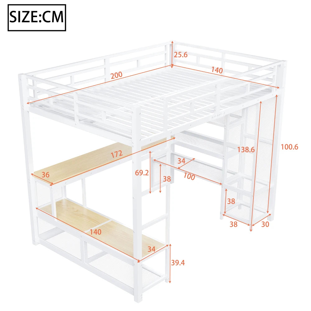 140x200cm Metal High Bed with Storage and Open Wardrobe