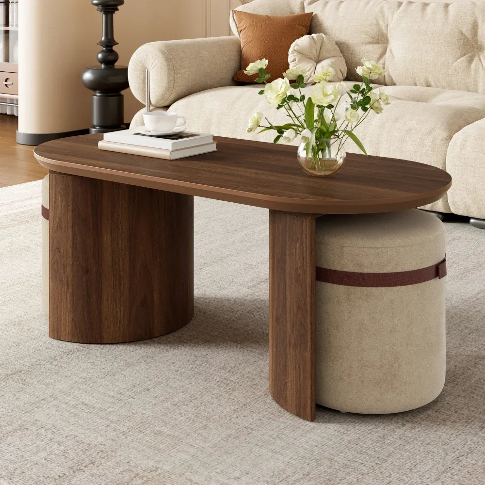 Oval Coffee Table Set with 2 Upholstered Armchairs