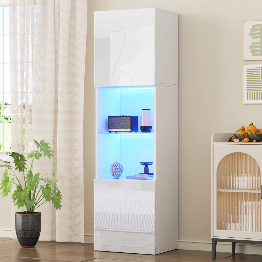 45×35×160cm High-gloss Display Cabinet with LED Lighting, 1 Glass Floor