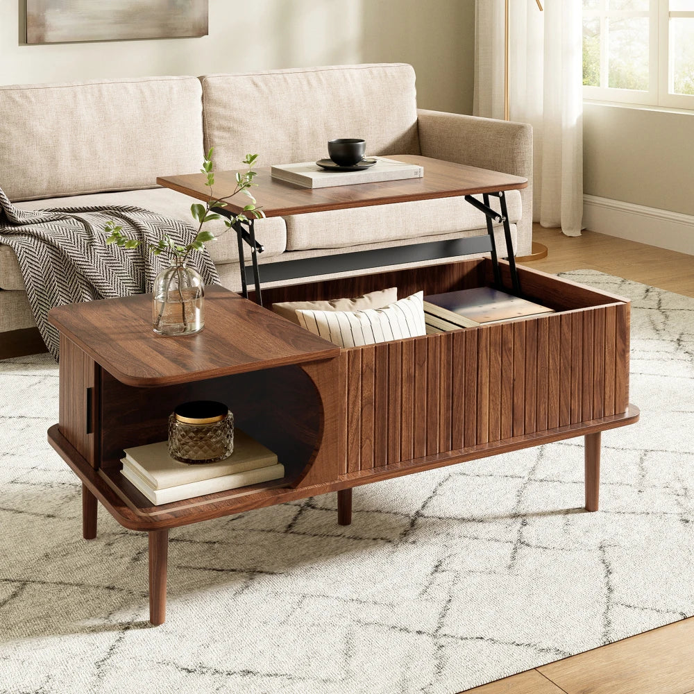 Living Room Coffee Table with Sliding Door & Wooden Legs