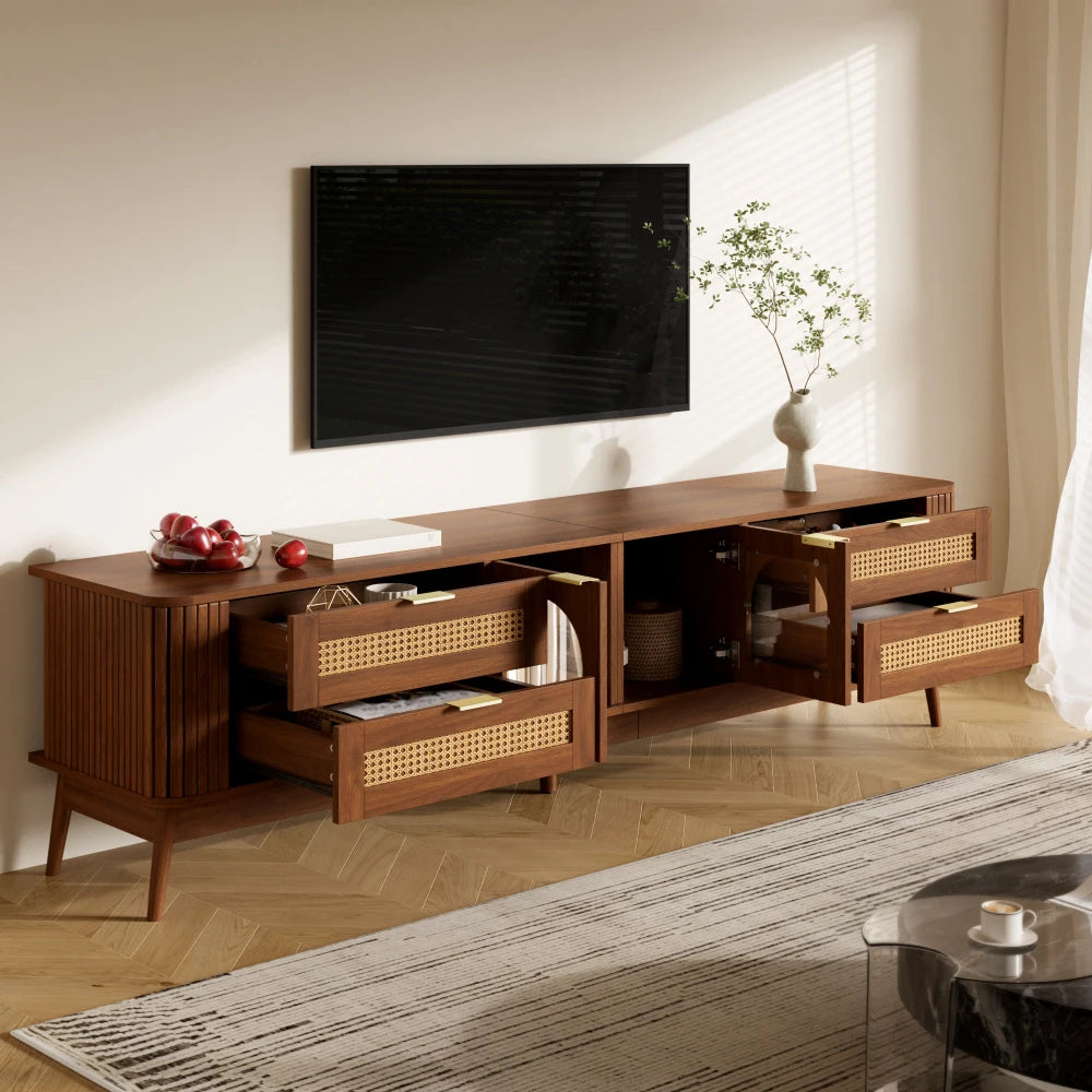180x40x50cm Modern TV Stand with Curved Sliding Glass Doors & Solid Wood Legs