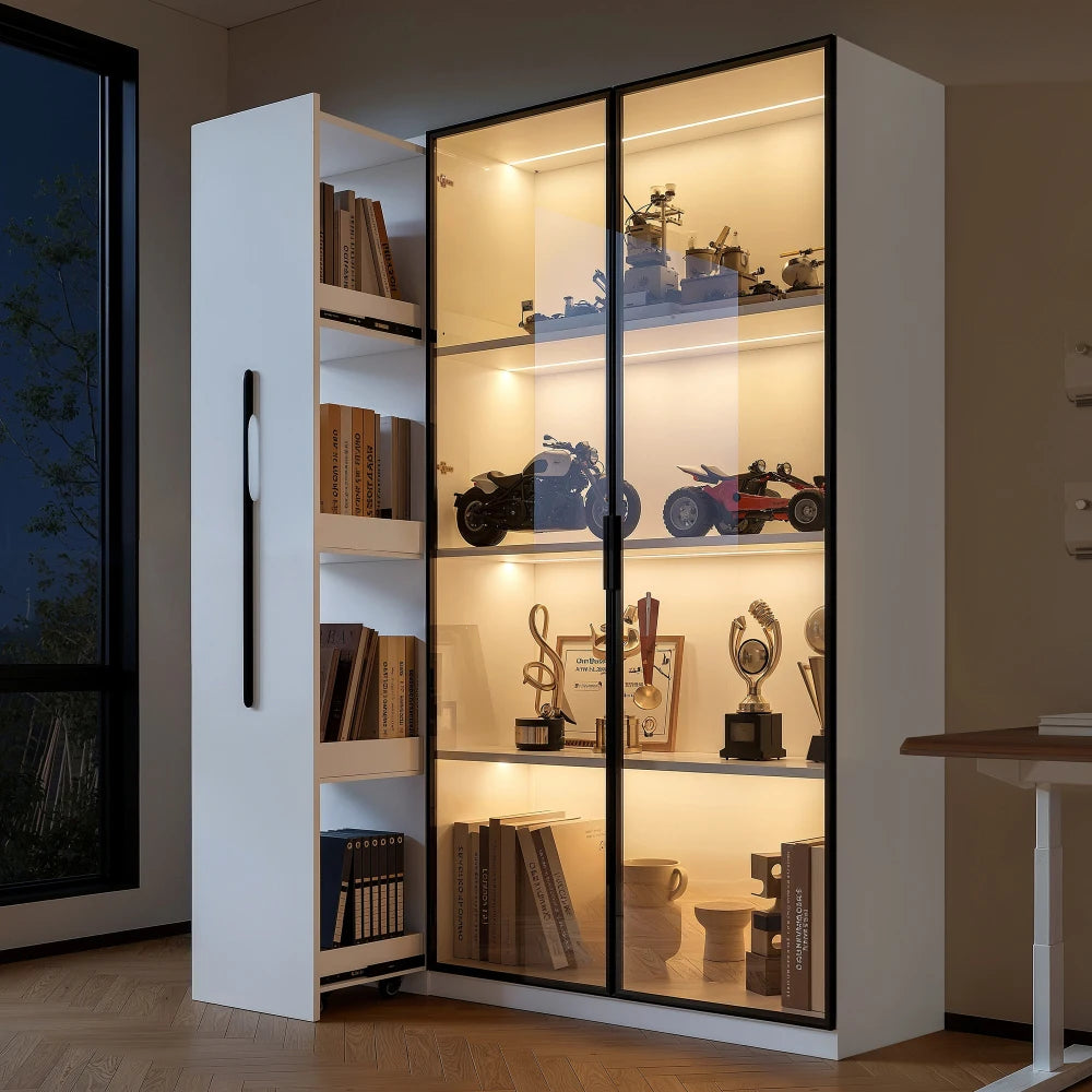 Multifunktionel vitrine med glaslåge og LED, 110,5x35x160 cm