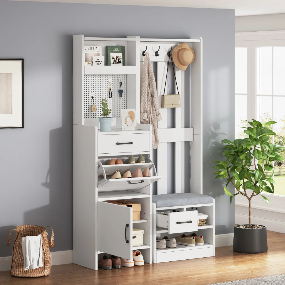 110*35*175.5cm Floor 7-in-1 Clothes Rack with Shoe Bench, Freestanding