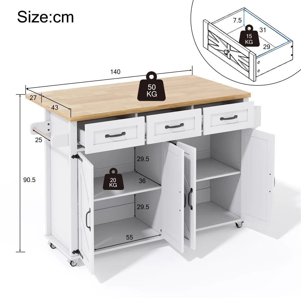 Kitchen Island with Folding Worktop Equipped with 5 Adjustable Rollers 4 Doors 3
