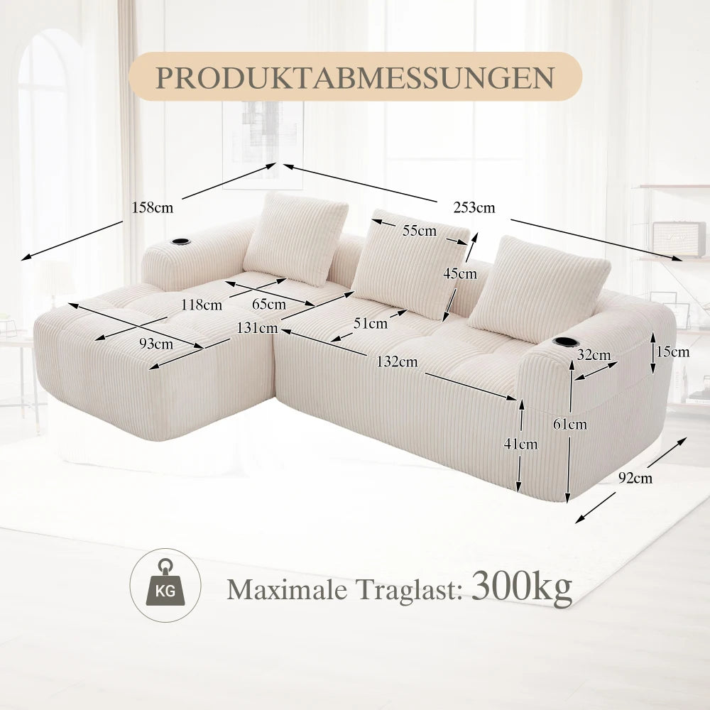 Compact Sofa Soft, Modular Sofa with Side Pocket and Beverage Holder