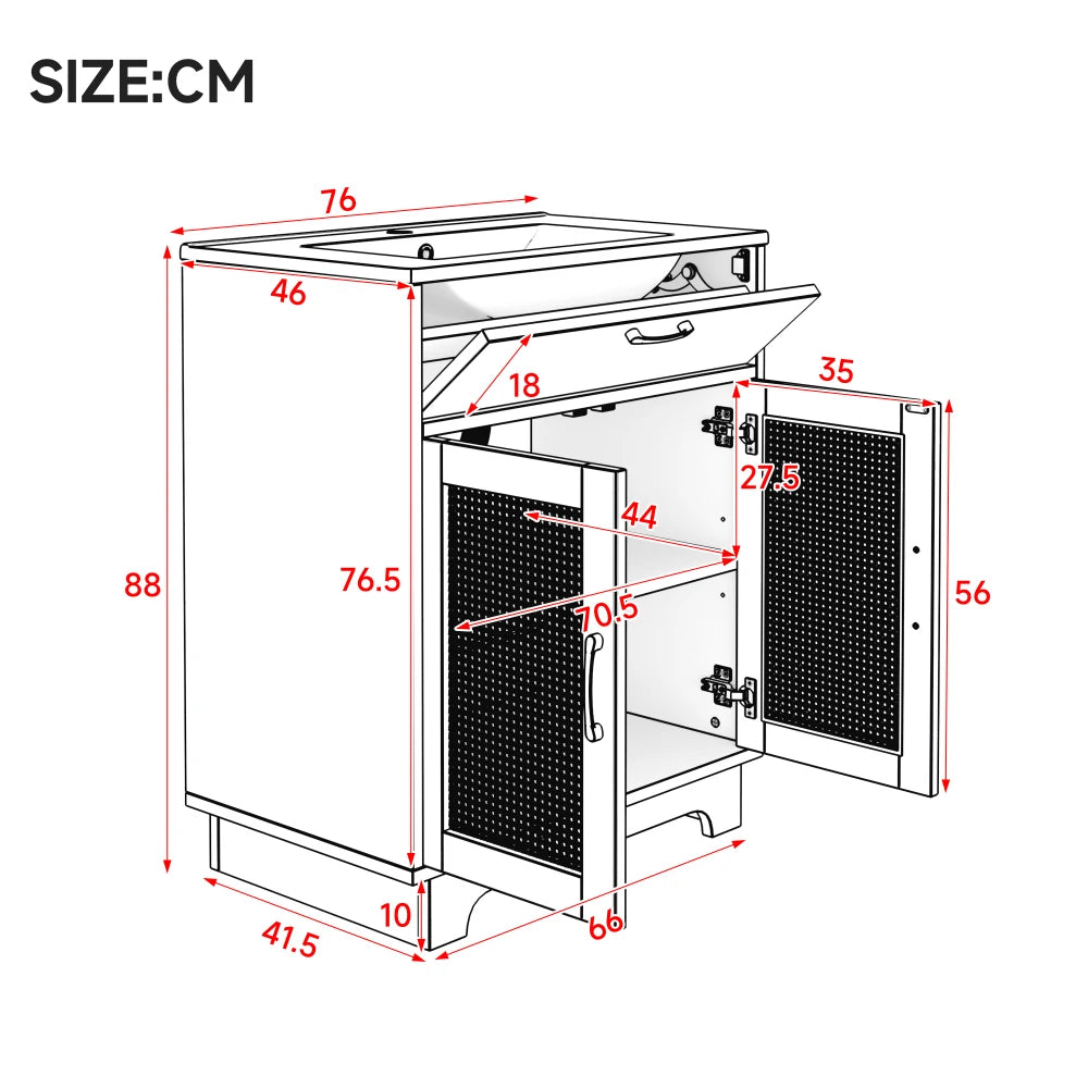 76x46x88cm Bathroom Cabinet, with Drawer Lift and Double Soft-close Doors