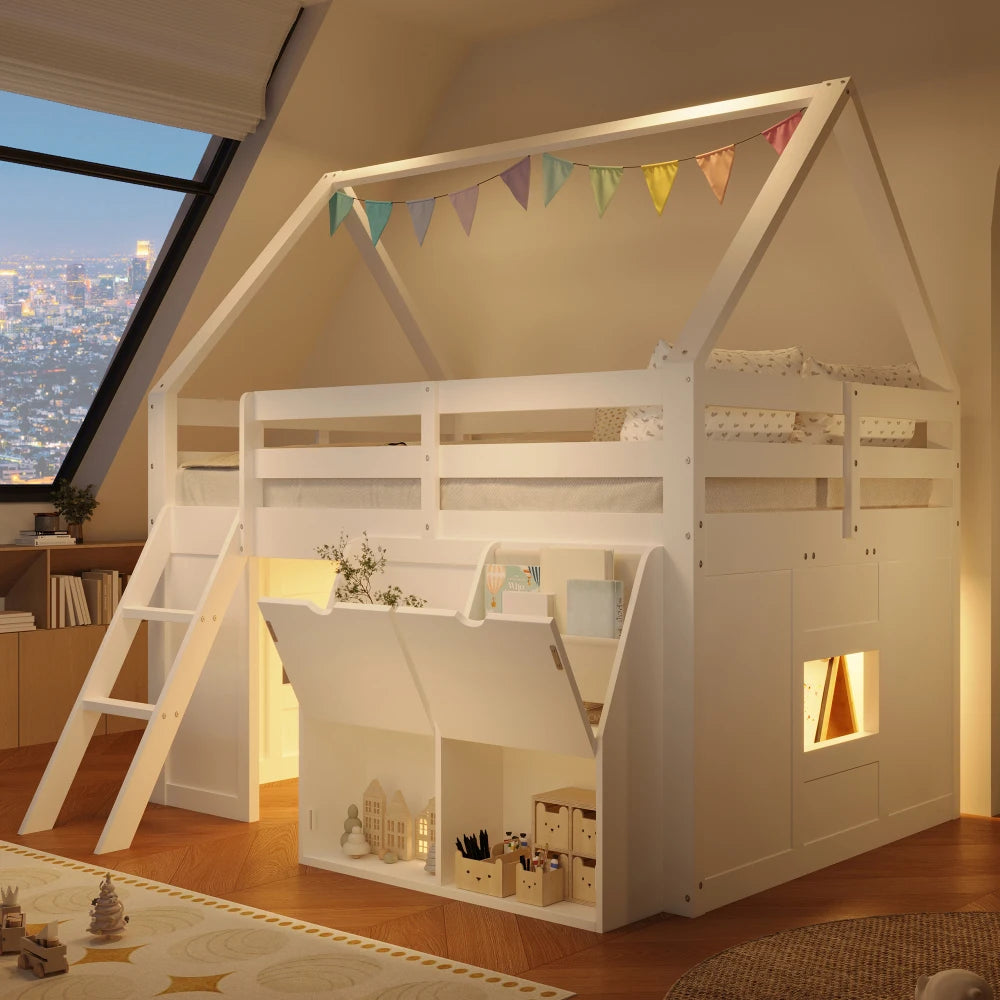 140×200cm White House‑Shaped High Bed Frame with Stairs